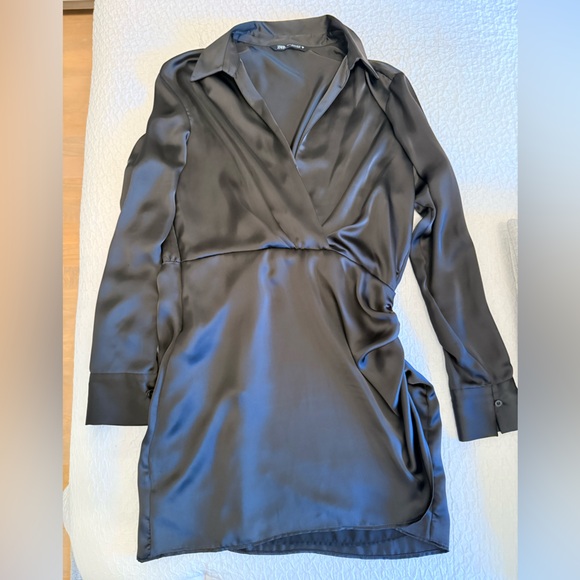 ZARA Black Satin Draped Wrap Mini Dress — Size XL - Picture 4 of 11